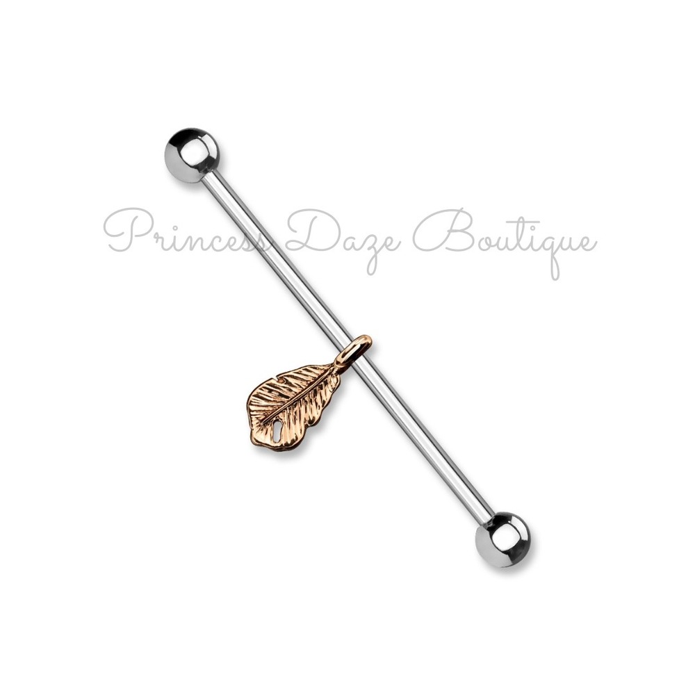 Industrial Barbell Piercing Earring Rose‎ Gold Leaf Charm